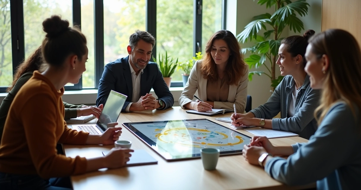 Equipe reunida em volta de uma mesa discutindo ciclo PDCA 