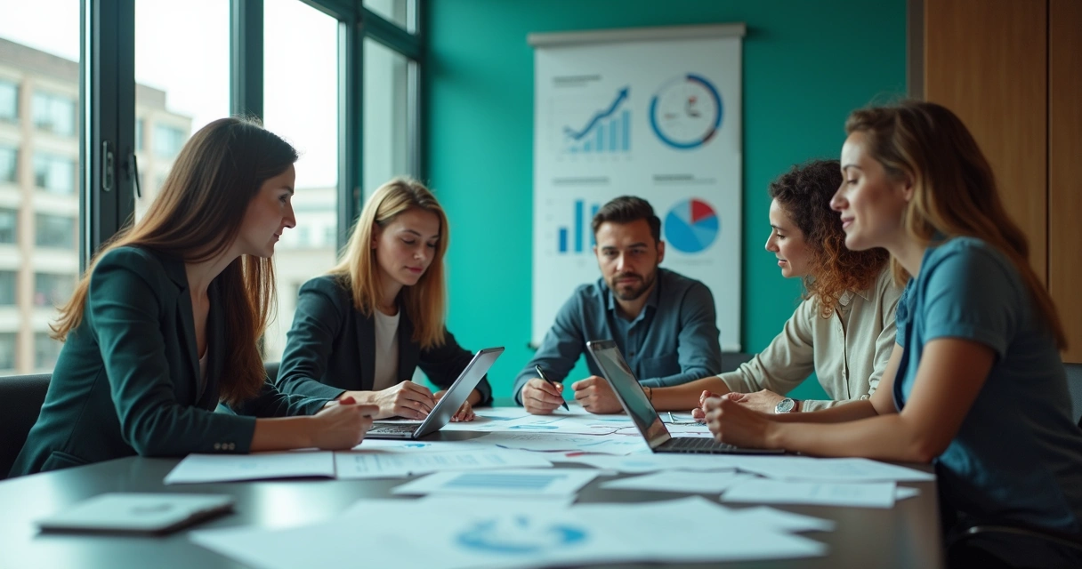 Equipe reunida coletando dados de computadores e planilhas 