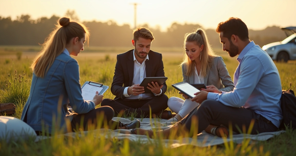 Pesquisadores usando tablets e notebooks em campo
