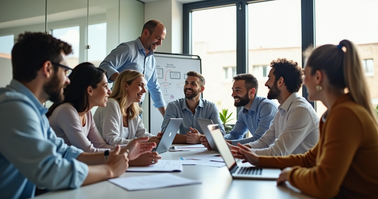 Equipe reunida ao redor de uma mesa compartilhando ideias em sala de reunião 
