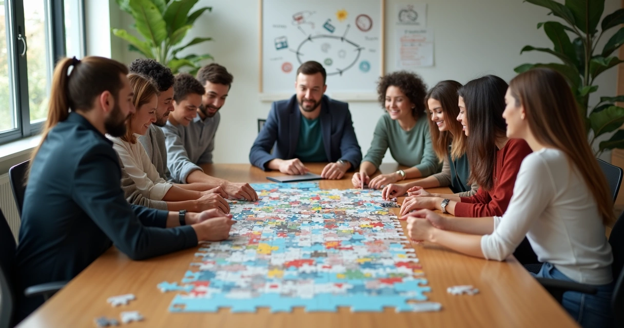 Equipe diversa montando grande quebra-cabeça colorido sobre mesa de trabalho 