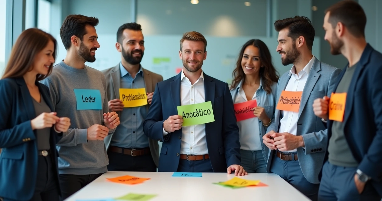 Equipe em reunião tirando adesivos de rótulos coloridos da roupa. 