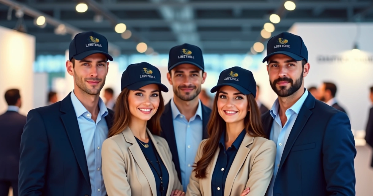 Equipe usando bonés personalizados em evento corporativo 