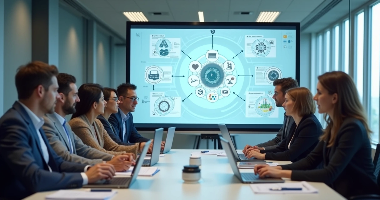 Reunião de equipe discutindo regras e diretrizes de IA