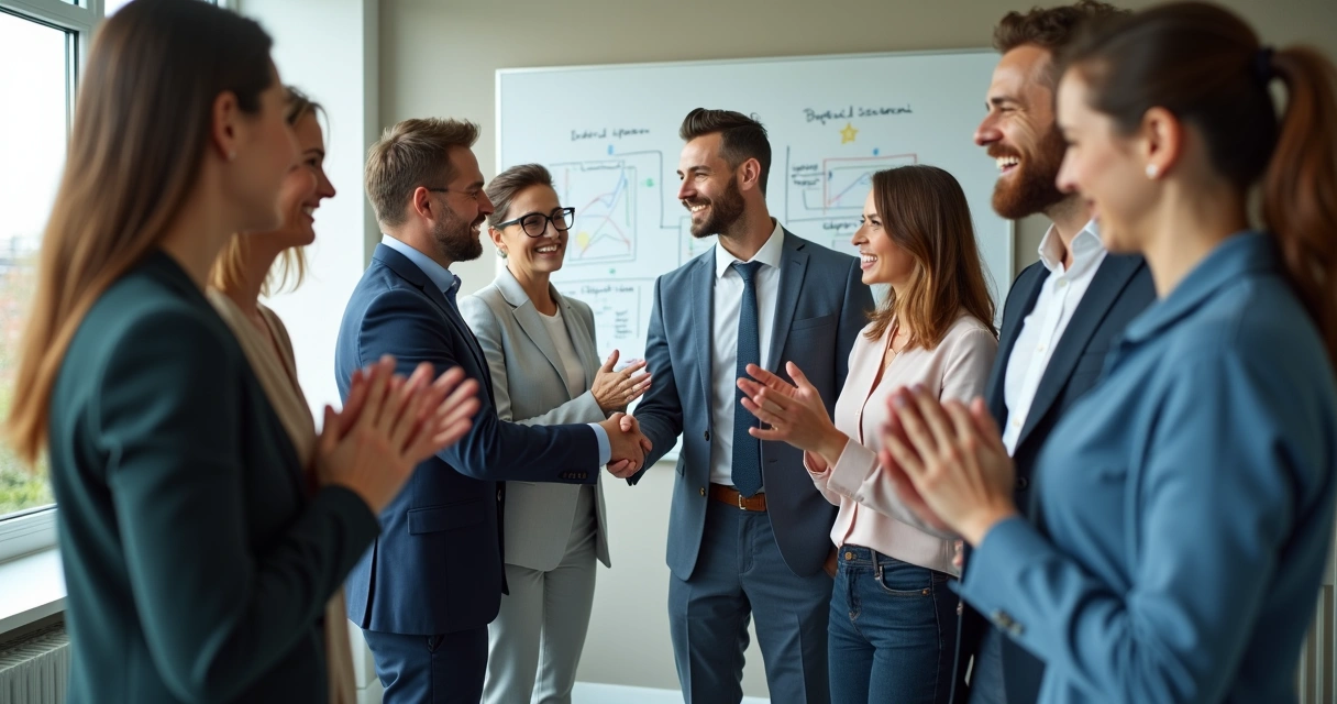 Equipe de trabalho sorrindo e comemorando acordo em sala de reunião 