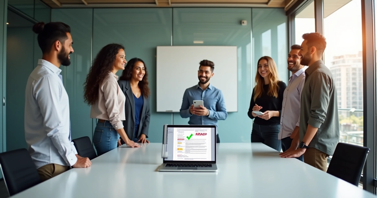 Equipe comemorando automação de contratos em sala de reunião 