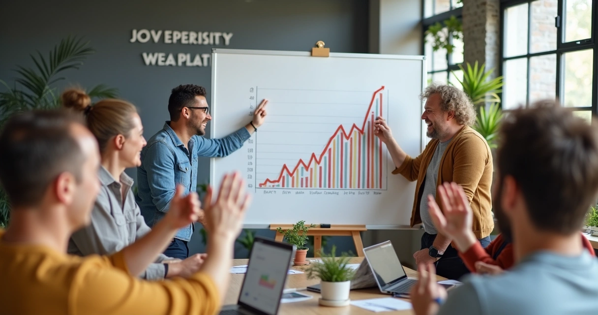Time reunido comemorando diante de quadro com gráfico subindo, clima leve e colaborativo. 