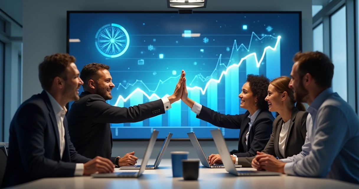 Equipe reunida comemorando resultados em gráficos de desempenho 