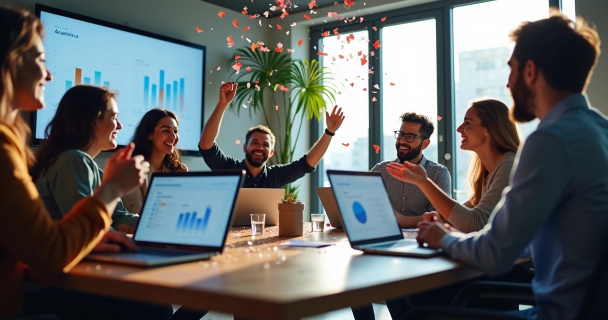 Equipe celebrando bons resultados obtidos com IA generativa no trabalho 