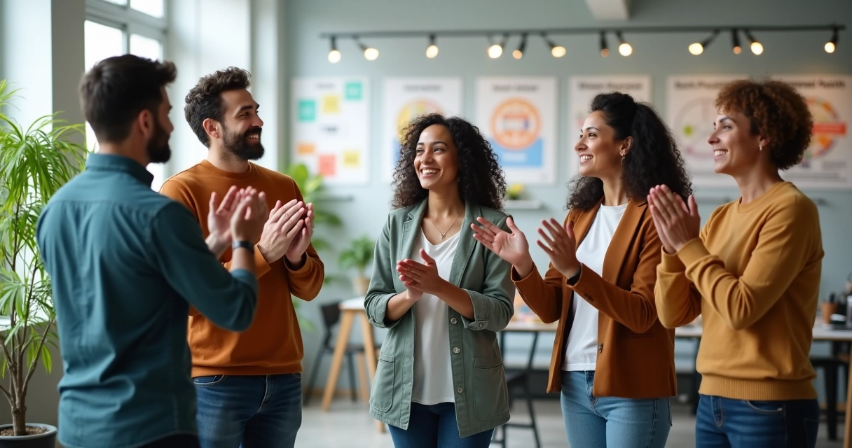 Equipe celebrando melhorias na saúde mental no trabalho 