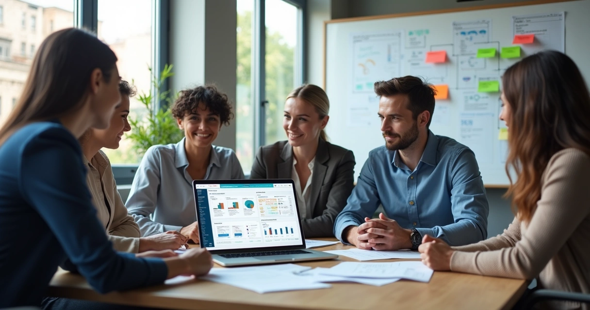 Equipe comercial reunida analisando playbook de vendas no computador em ambiente de escritório moderno 
