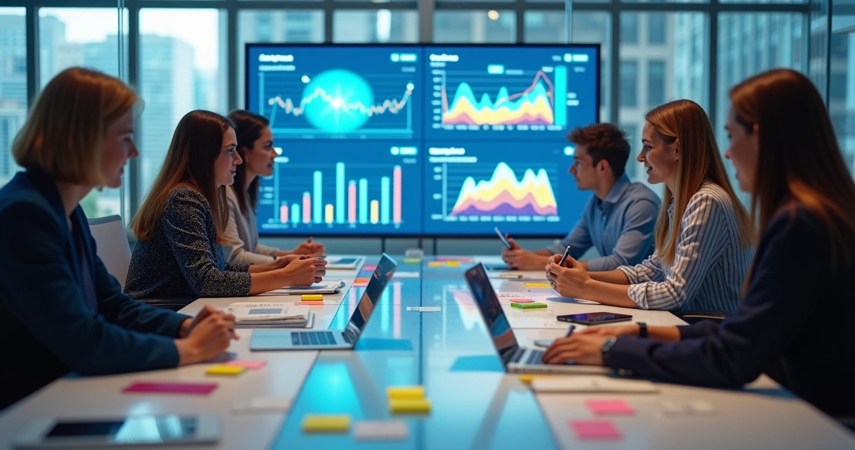 Equipe comercial reunida em torno de uma mesa analisando gráficos de vendas em telas digitais