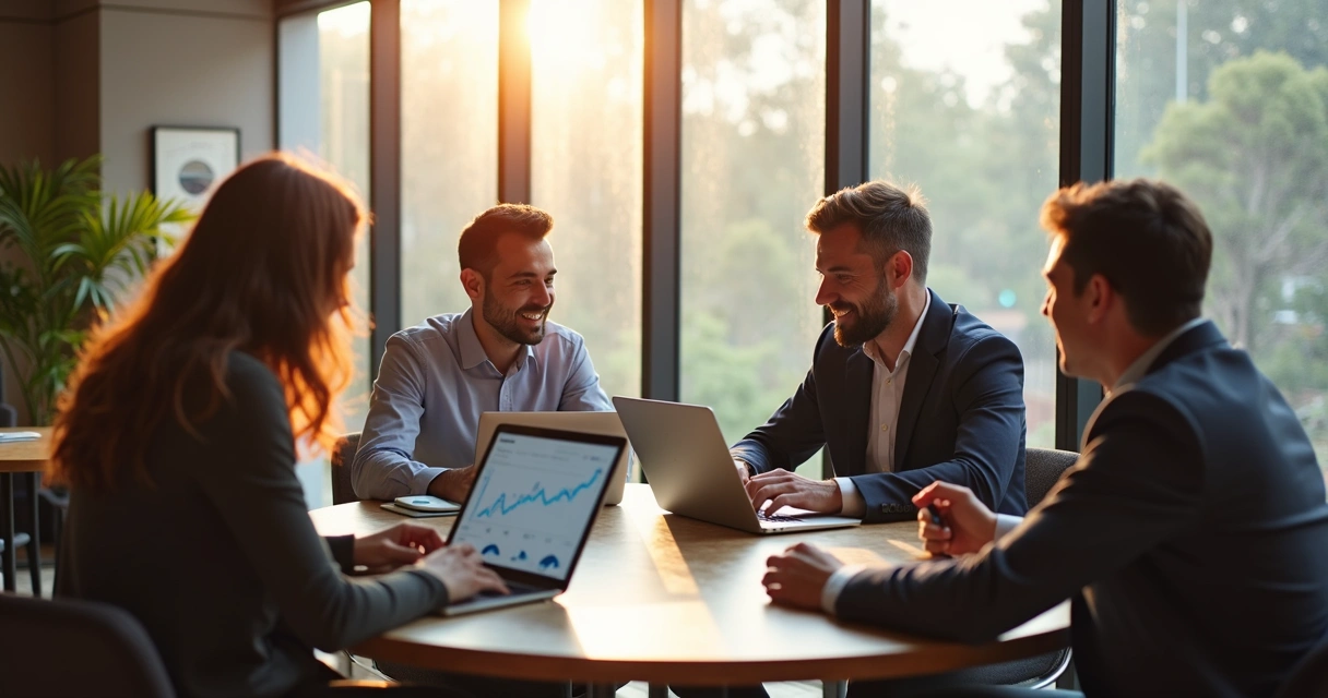 Equipe de vendas usando computadores e sorrindo com gráficos em tela. 