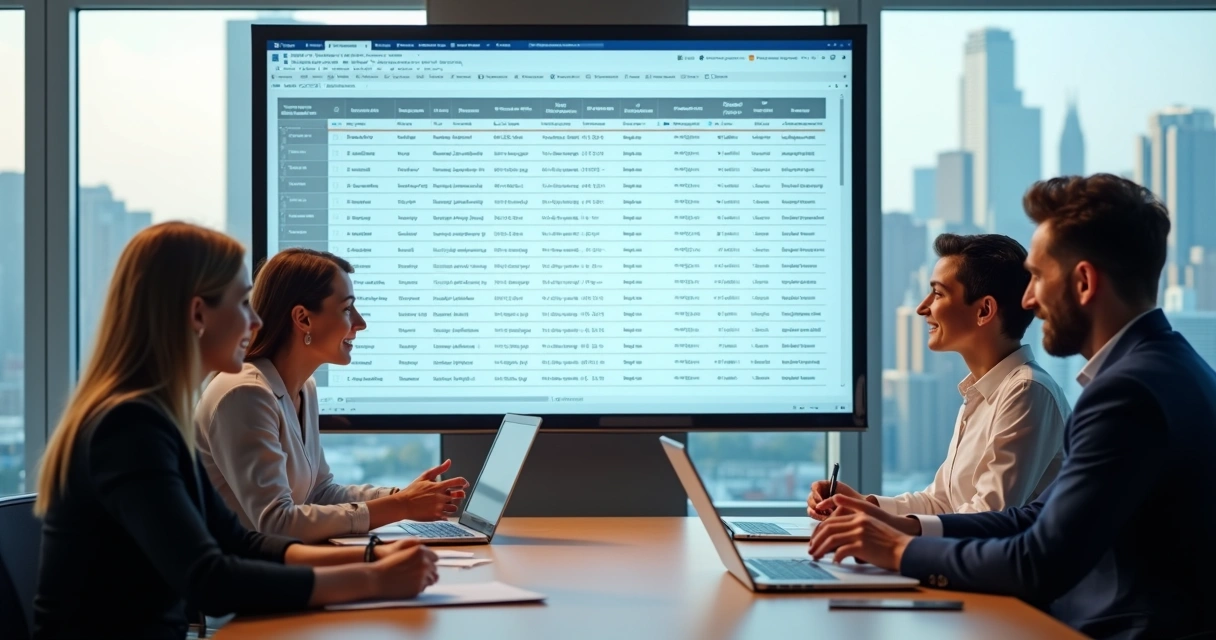 Equipe comercial em reunião analisando lista de empresas em uma tela 