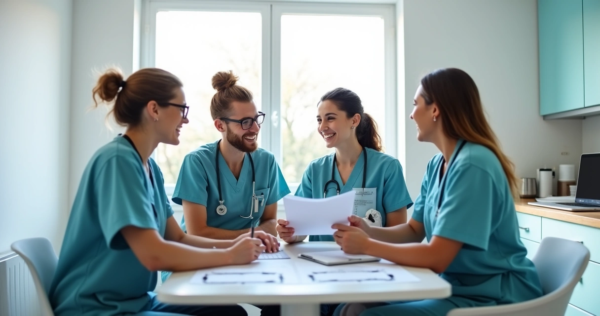 Equipe de atendimento de clínica conversando animada em reunião. 