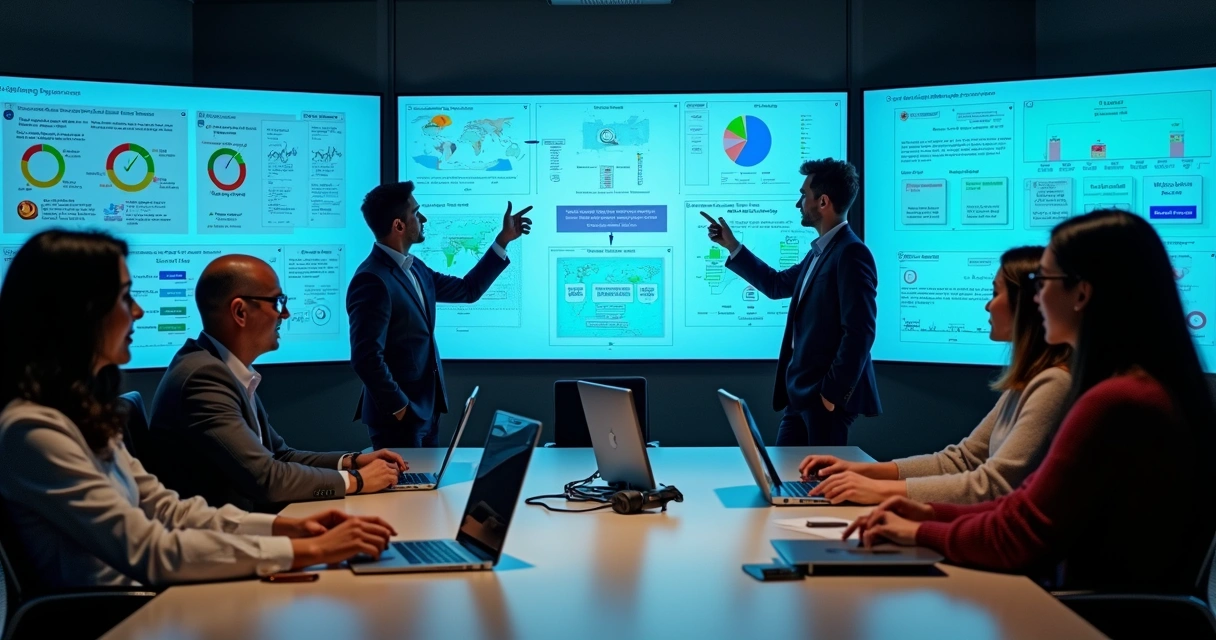 Equipe comercial analisando dados automatizados em telas grandes na mesa de reunião 