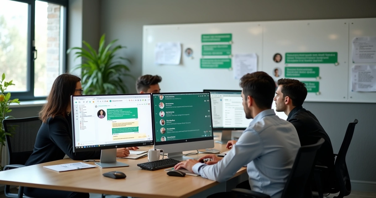 Equipe comercial usando computador para responder mensagens padronizadas