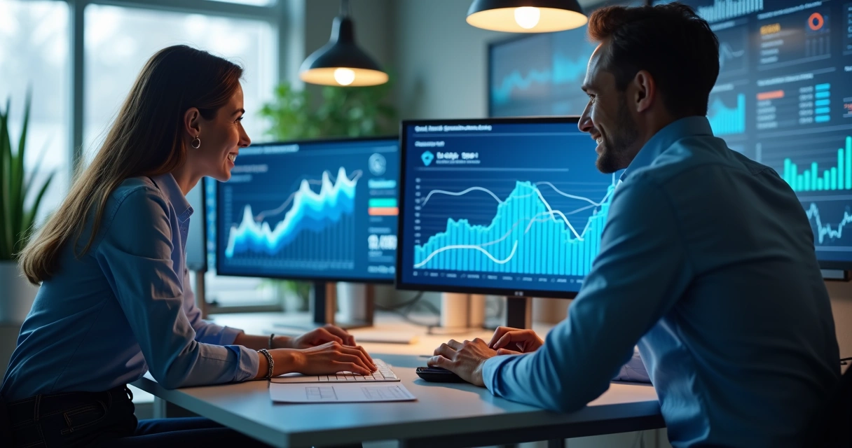 Equipe comercial trabalhando com computadores e gráficos de IA 