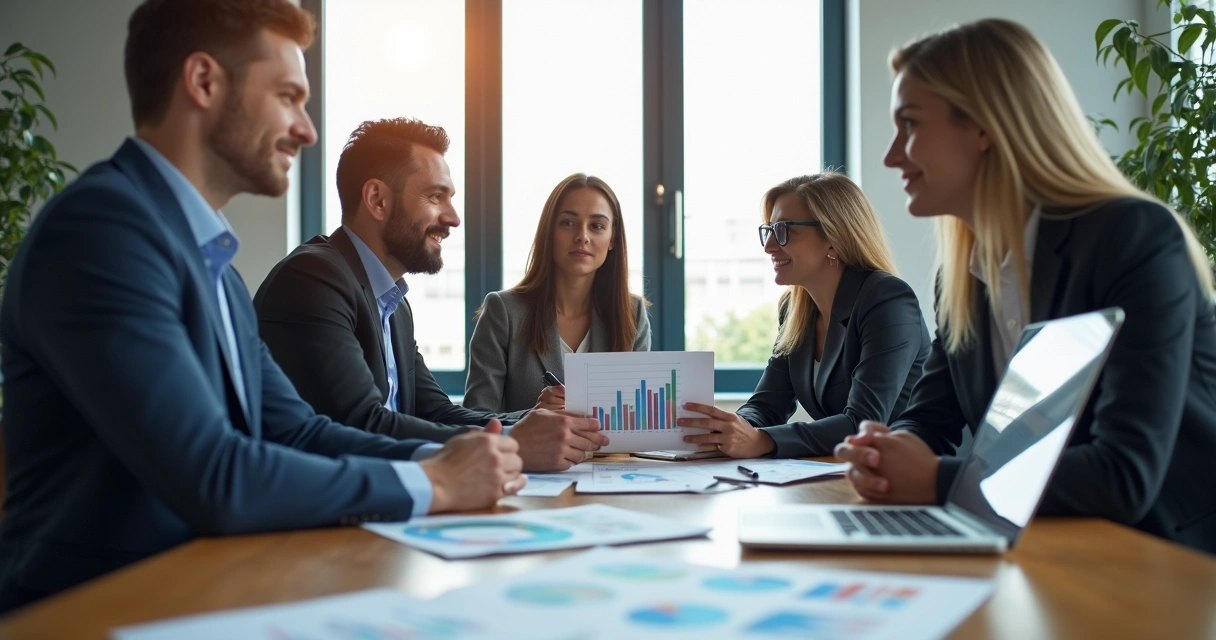 Equipe comercial reunida, analisando gráficos de vendas em grande mesa de escritório, todos usando roupas sociais informais 