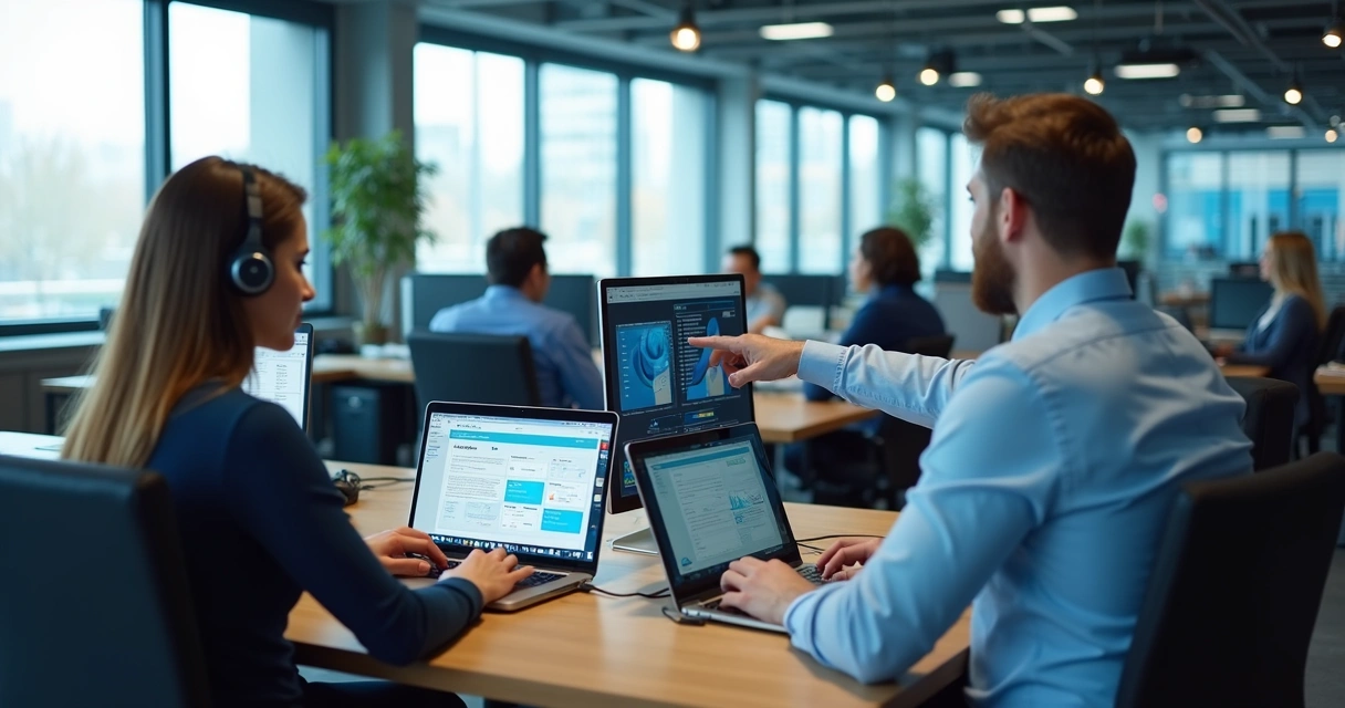 Manager and salespeople using CRM in commercial routine
