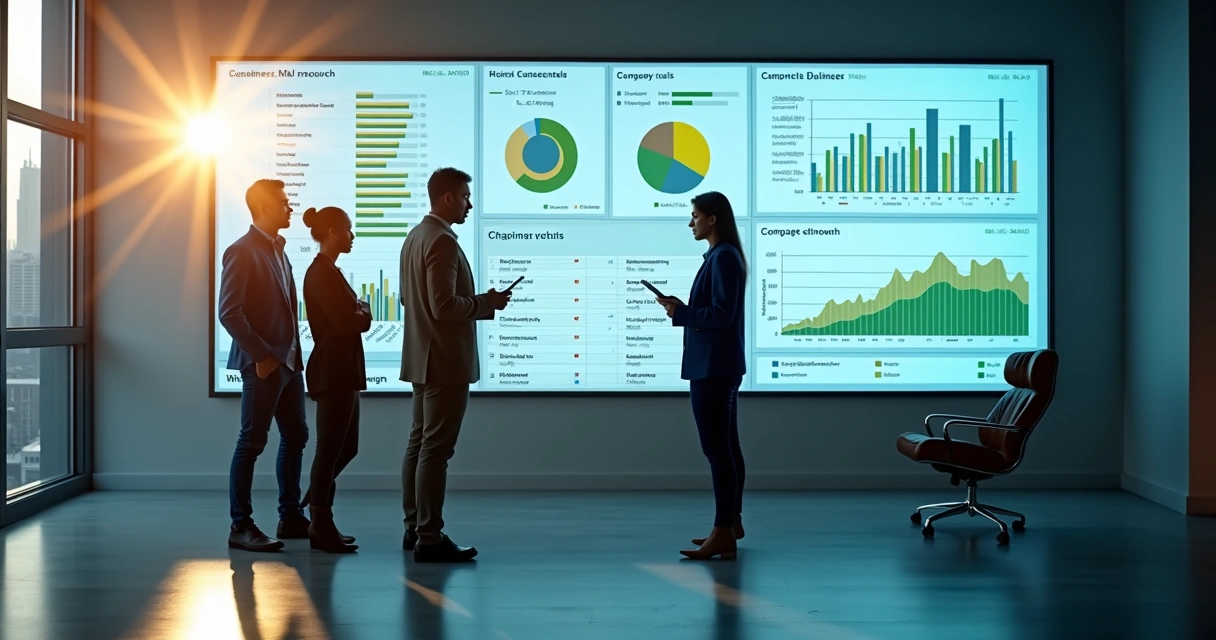 Equipe de vendas olhando gráficos com dados B2B enriquecidos em tela grande 