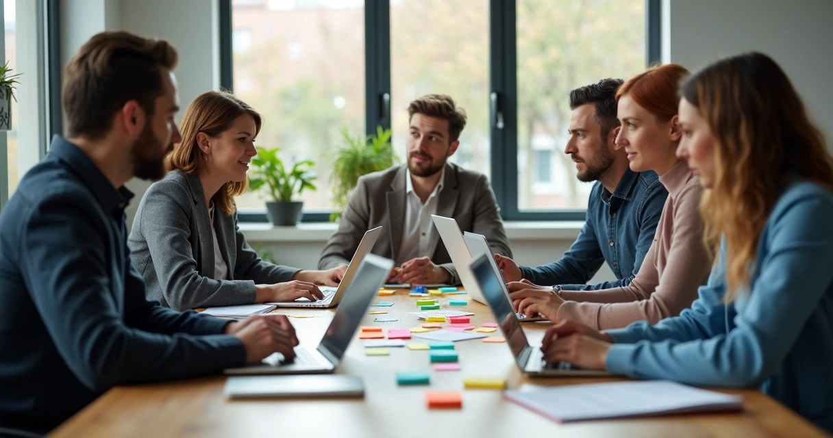 Equipe comercial reunida analisando feedbacks de clientes em notebooks