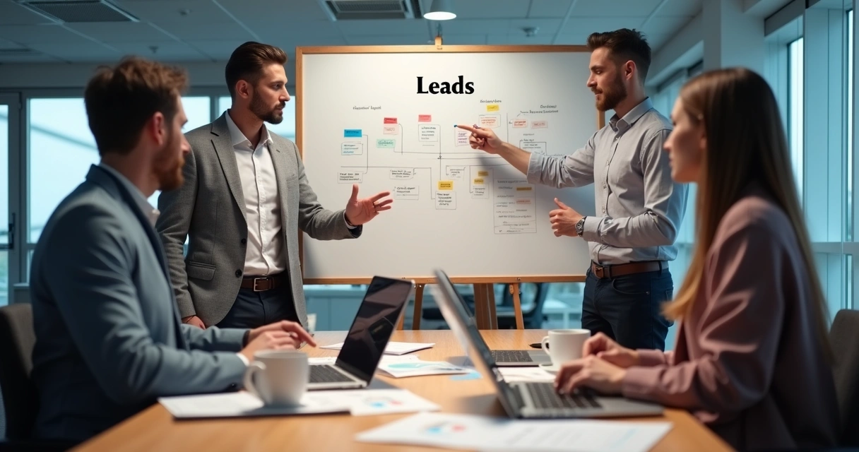 Equipe comercial em reunião usando quadro branco com dados de leads 