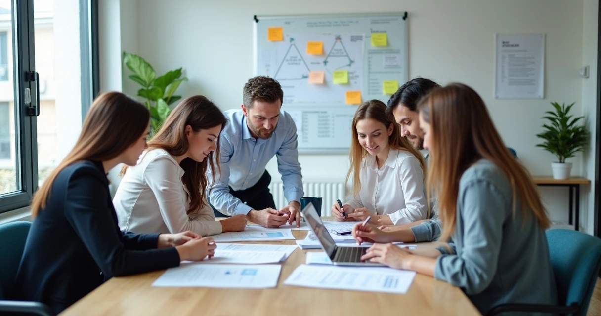 Equipe comercial analisando processos em uma reunião 
