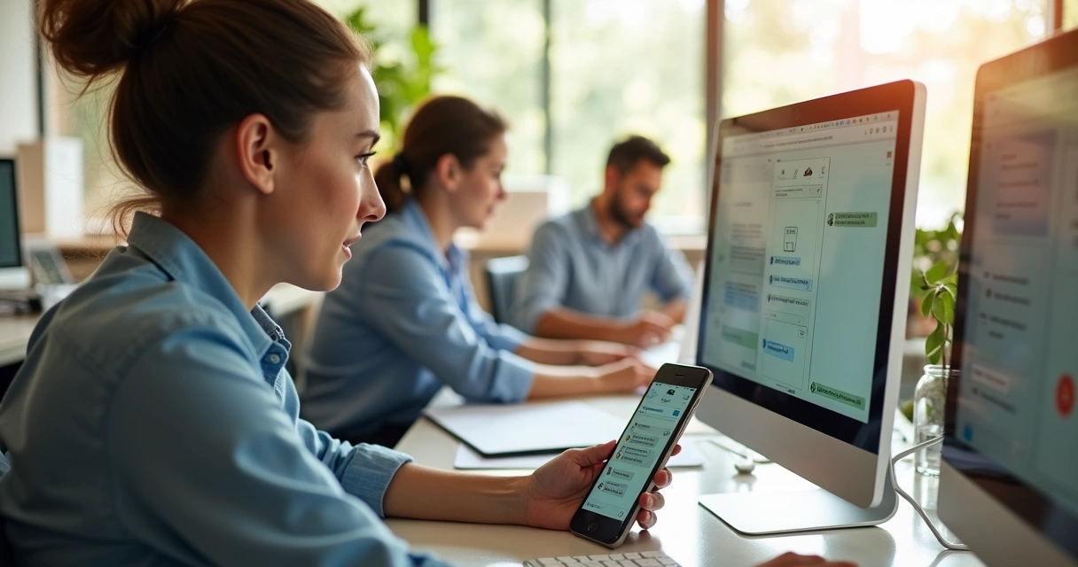 Equipe comercial de energia solar usando WhatsApp em computadores