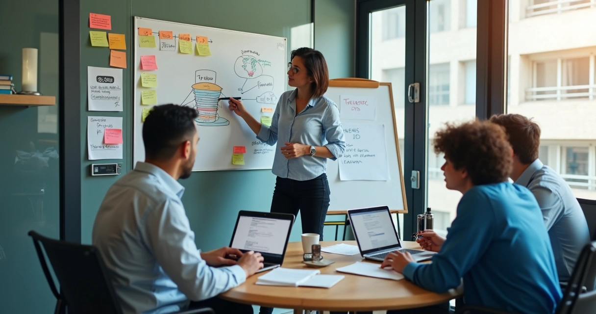Pequena equipe comercial em reunião focada em frente a mural de funil de vendas 