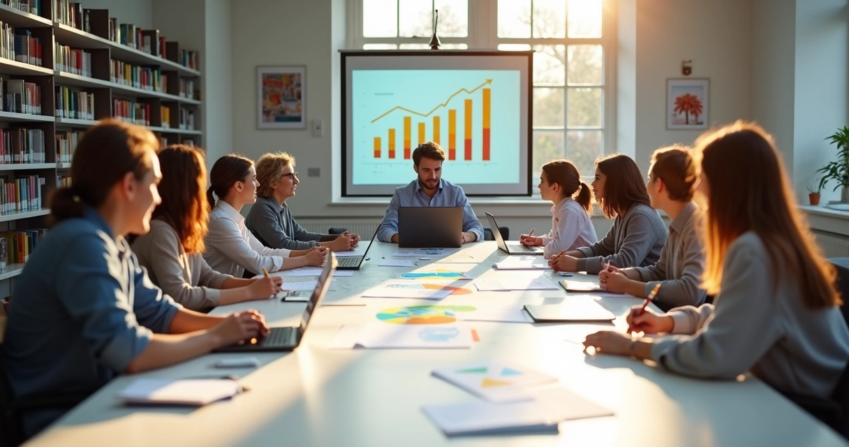 Equipe comercial e pedagógica reunida em sala de reuniões. 