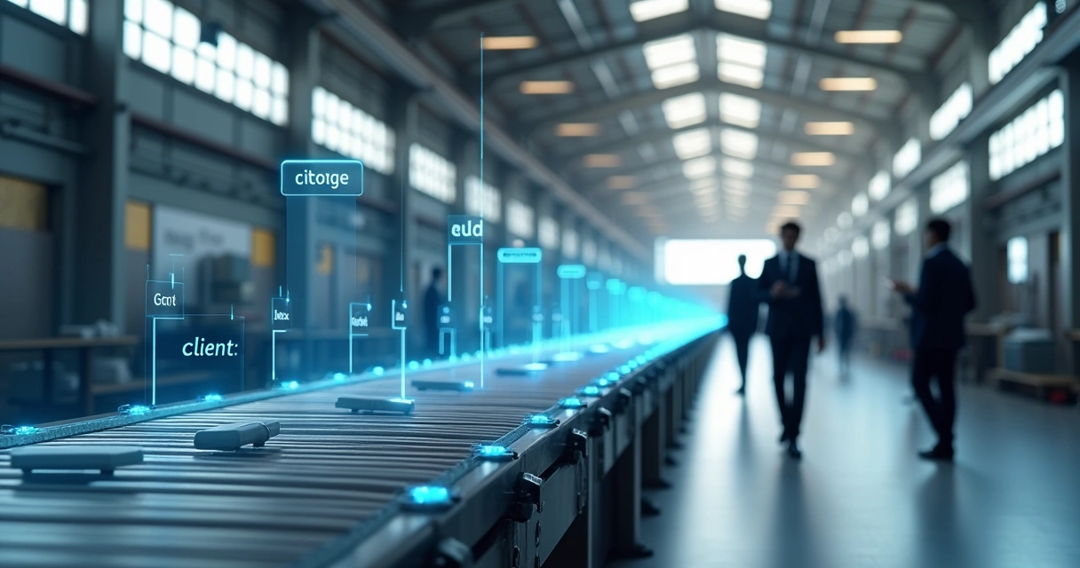 Equipe comercial de PME observando esteira de vendas organizada em hangar industrial 