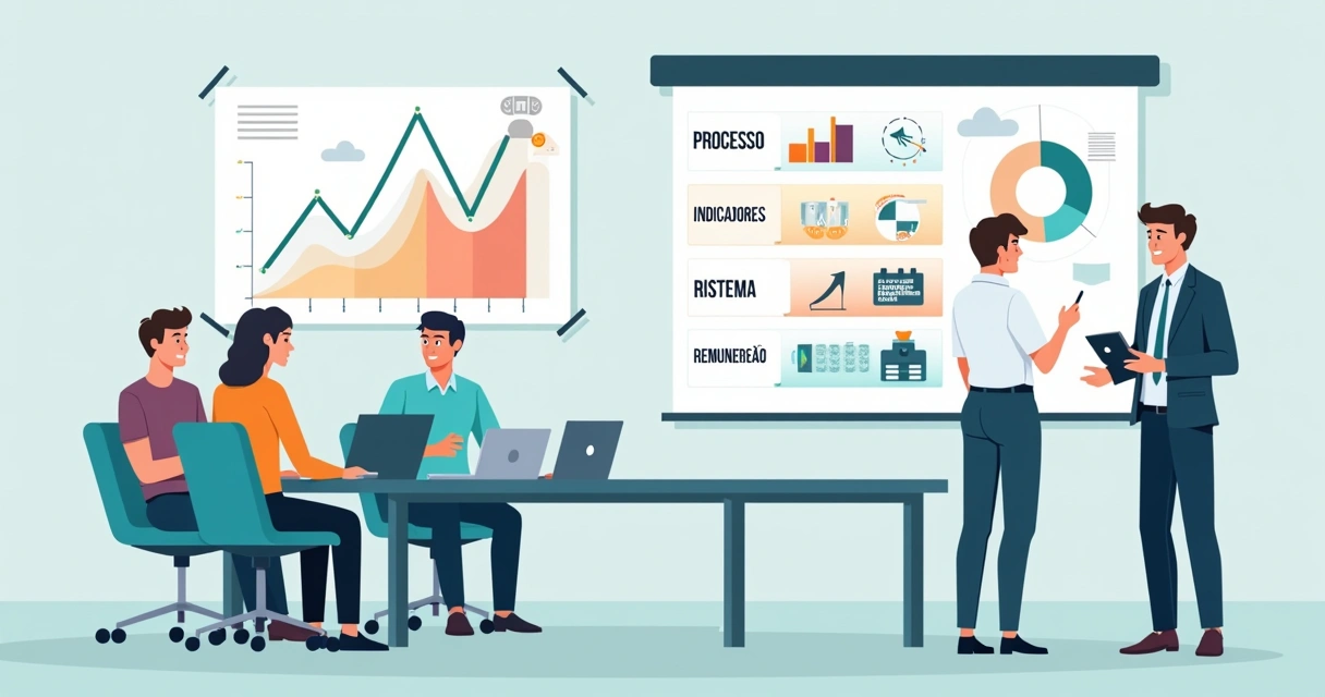 Gestor organizando área comercial com funil de vendas e equipe em reunião 