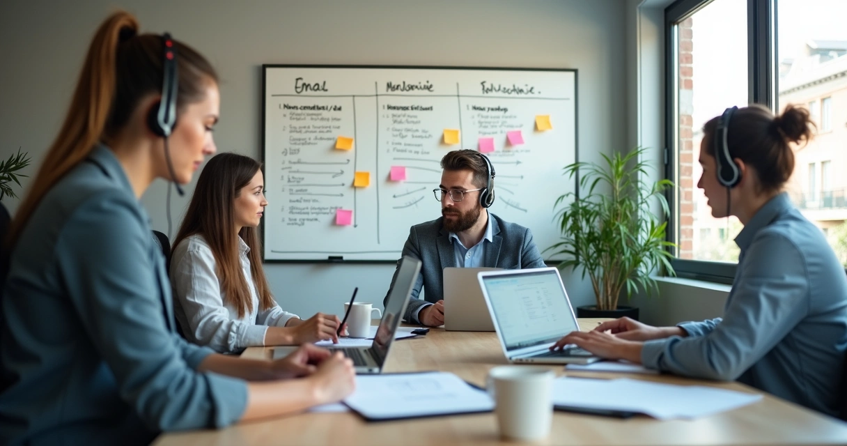 Equipe comercial de PME fazendo prospecção ativa em mesa de trabalho 