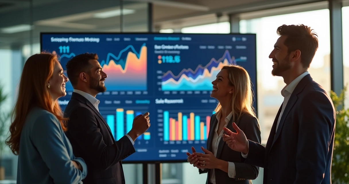Equipe comercial comemorando ao redor de telas mostrando painéis de vendas e gráficos em alta 