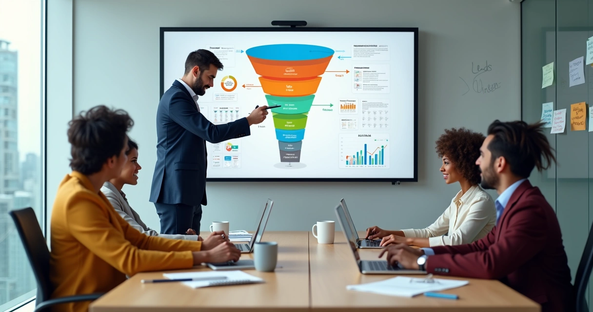 Equipe de vendas em reunião analisando funil comercial em tela grande 