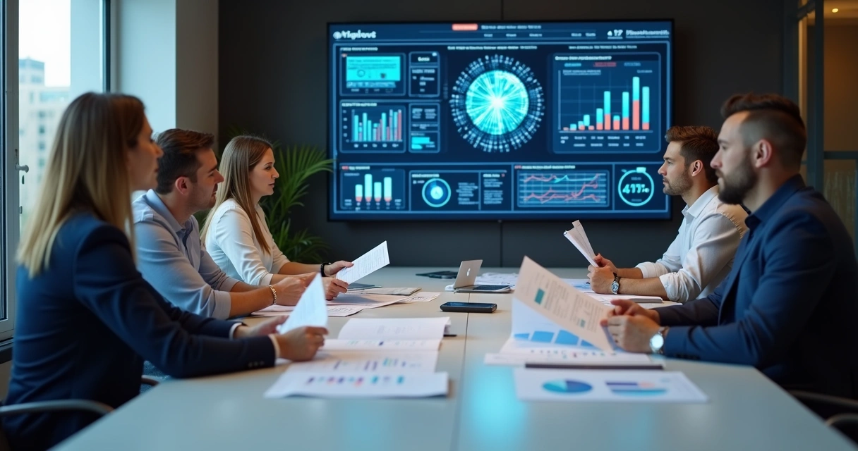 Equipe comercial reunida discutindo dados de IA em reunião 
