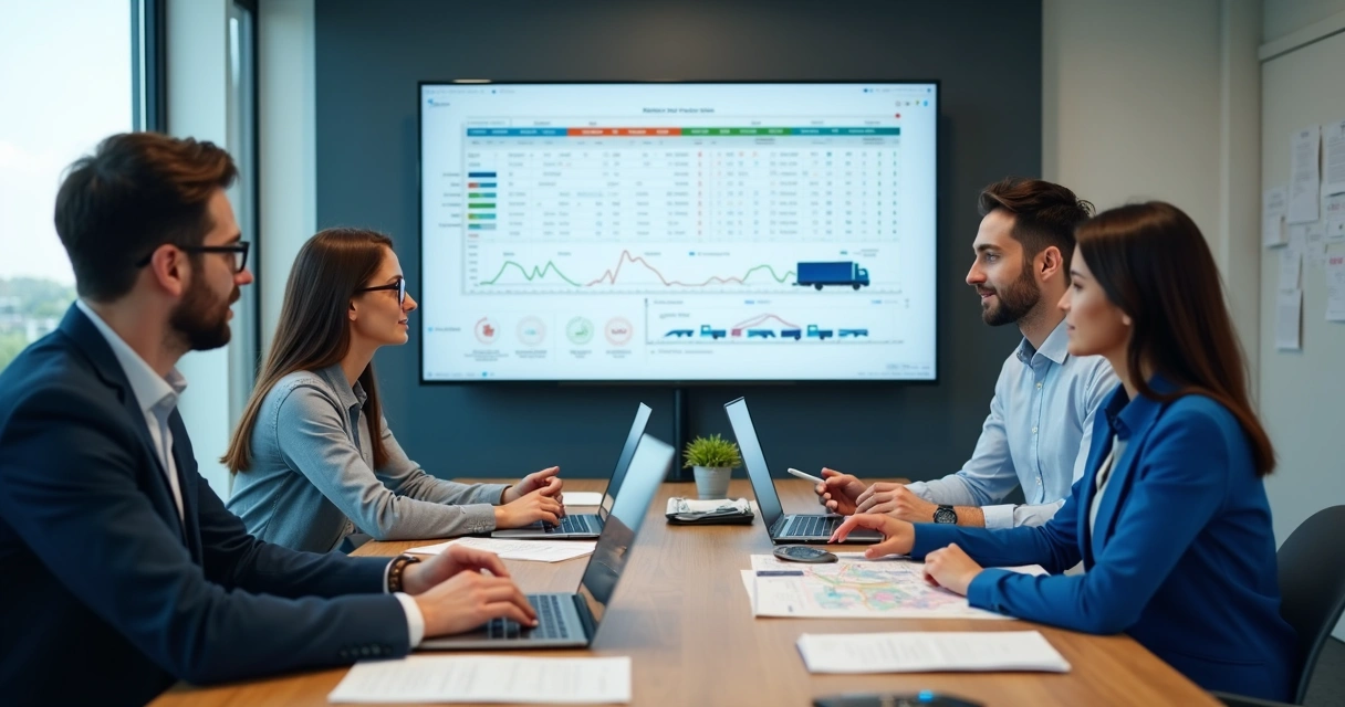 Equipe comercial de logística em reunião com dashboards e mapas