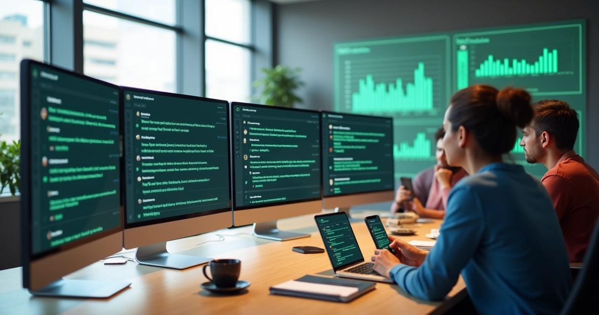 Equipe comercial trabalhando com mensagens padronizadas exibidas em telas digitais 