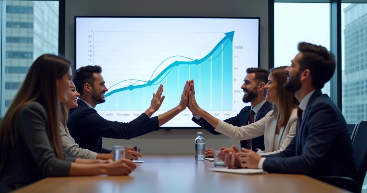 Equipe de vendas comemorando aumento de conversão em sala de reunião 