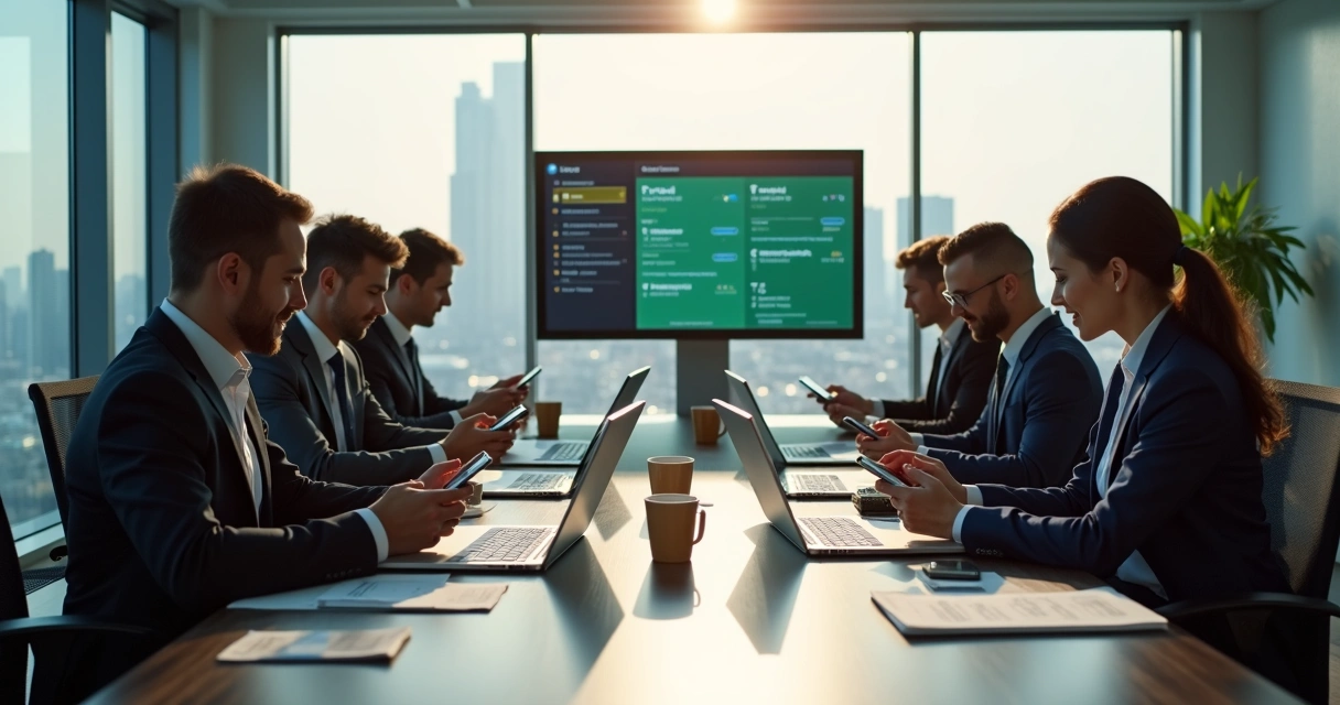 Equipe comercial negociando via WhatsApp em ambiente de trabalho corporativo 