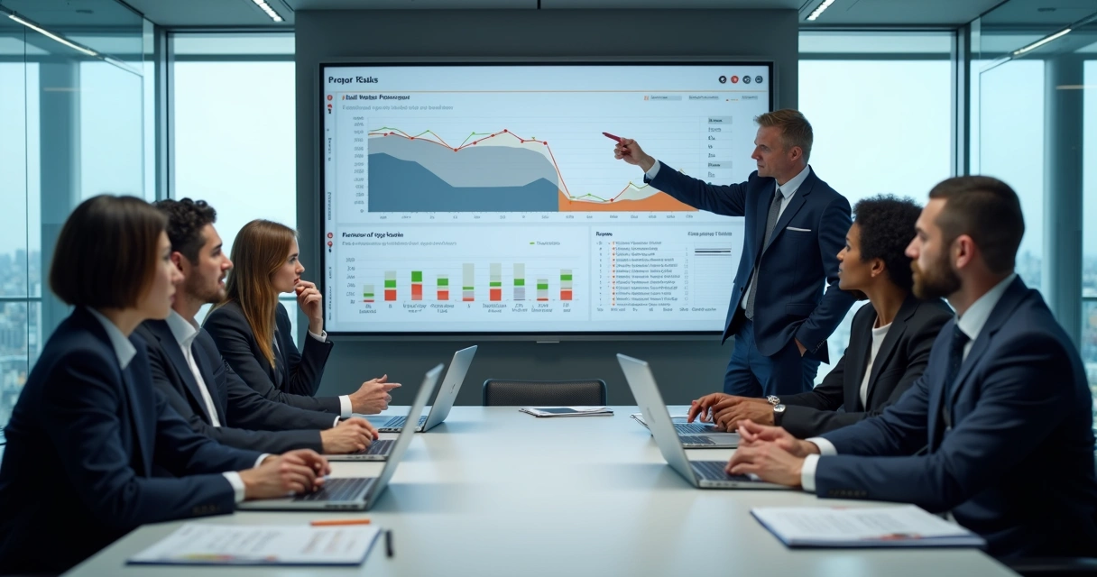 Equipe comercial observa painel de vendas B2B estagnado em sala corporativa 