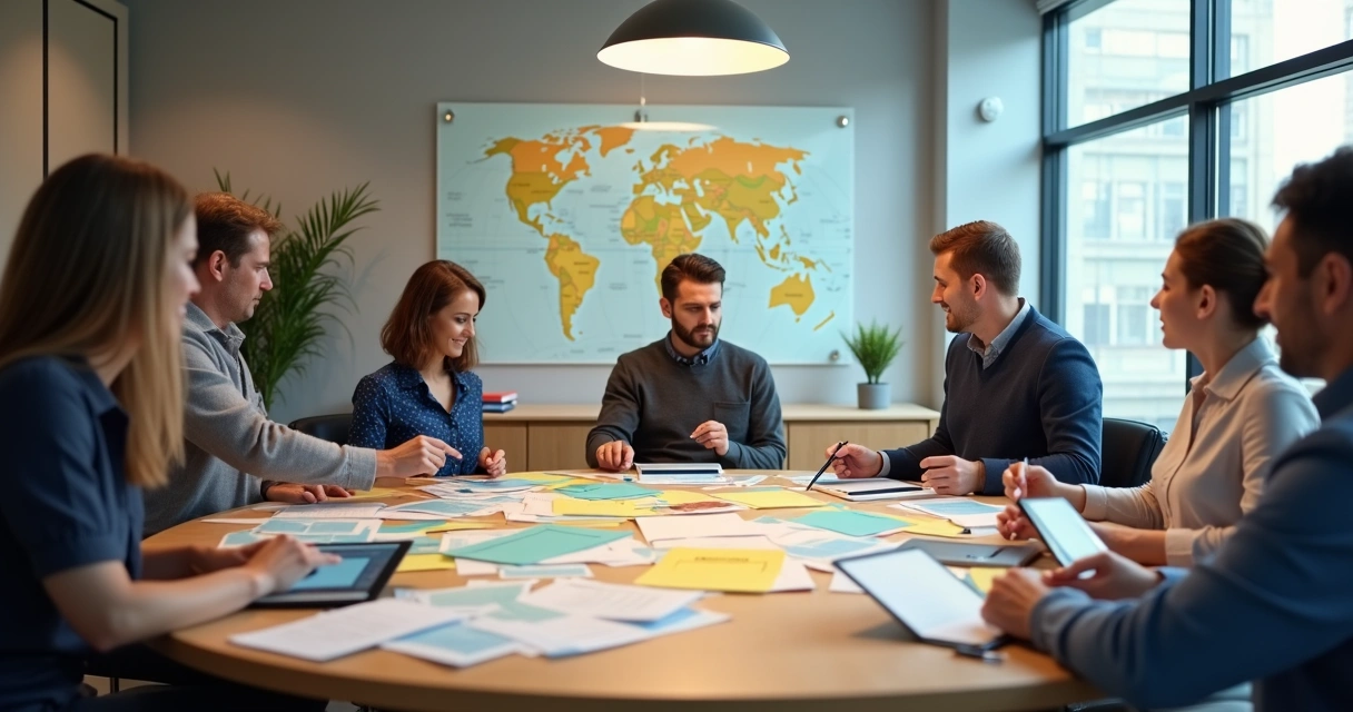 Equipe comercial reunida em mesa circular organizando contatos em fichas coloridas 