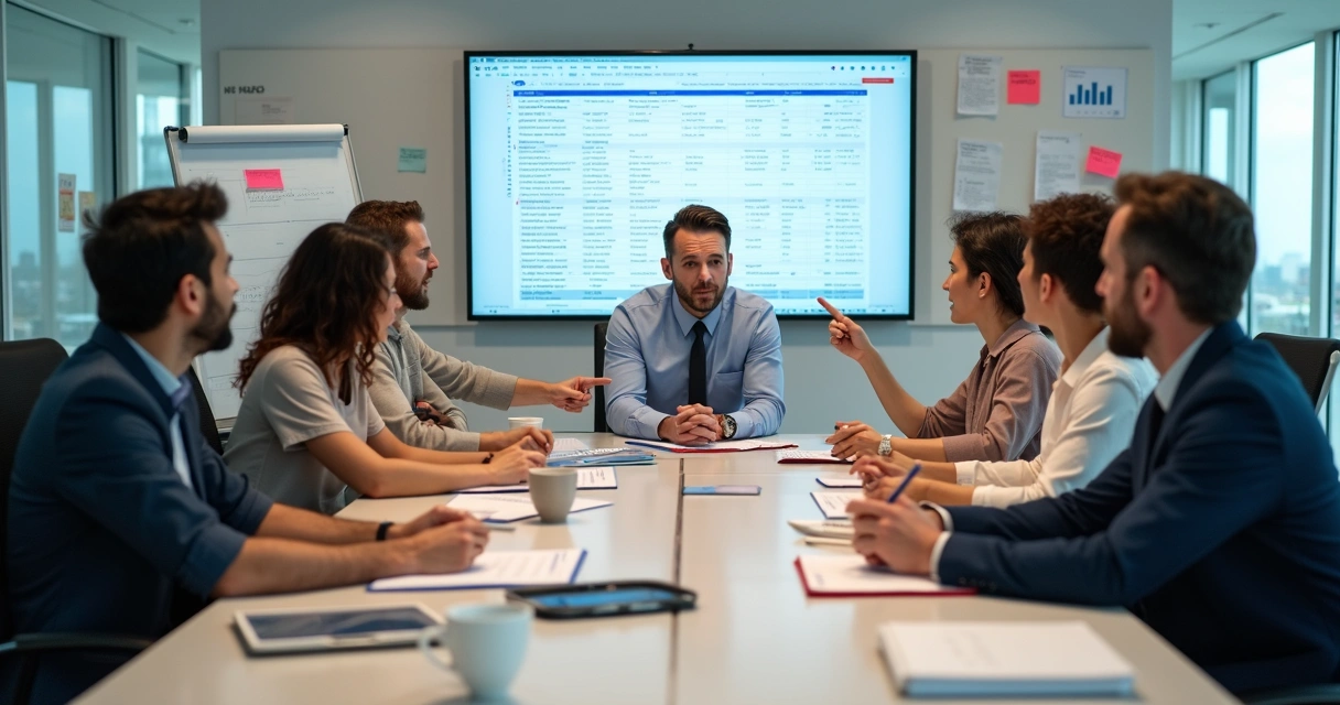 Equipe comercial estudando lista de empresas em tela 
