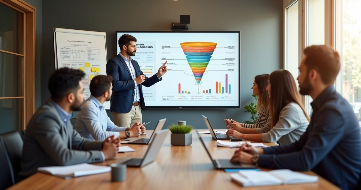 Gestor comercial apresentando funil de vendas em tela para equipe em sala de reunião moderna 