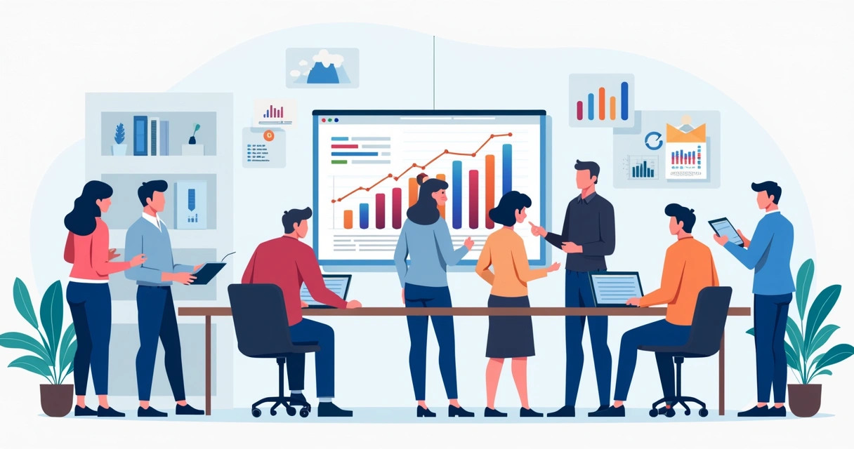 Equipe comercial de vendas analisando dados em uma plataforma digital 