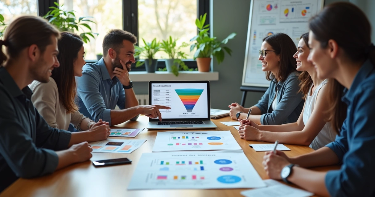 Equipe comercial reunida analisando playbook de vendas em sala moderna com laptop e gráficos 