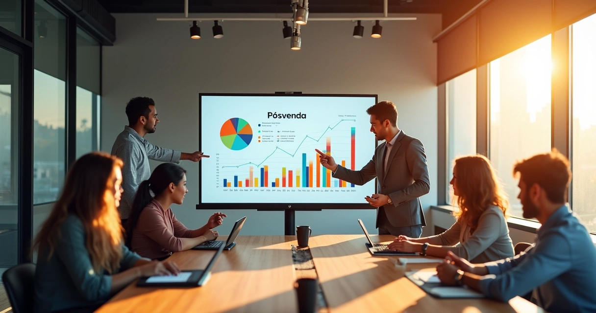 Equipe de vendas reunida revisando ações de pós-venda 