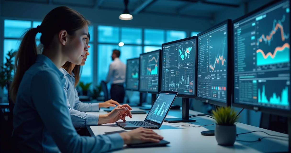 Equipe comercial analisando oportunidades B2B com tecnologia 