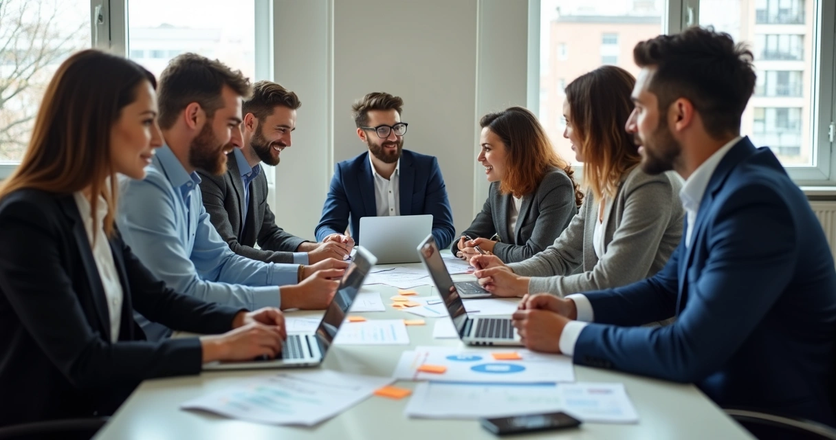 Equipe comercial analisando listas de prospects no escritório